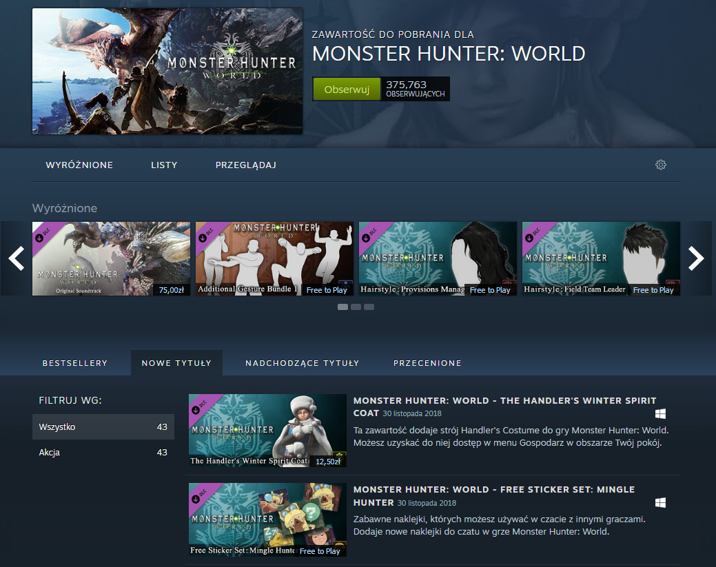 Steam Monster Hunter World DLC page